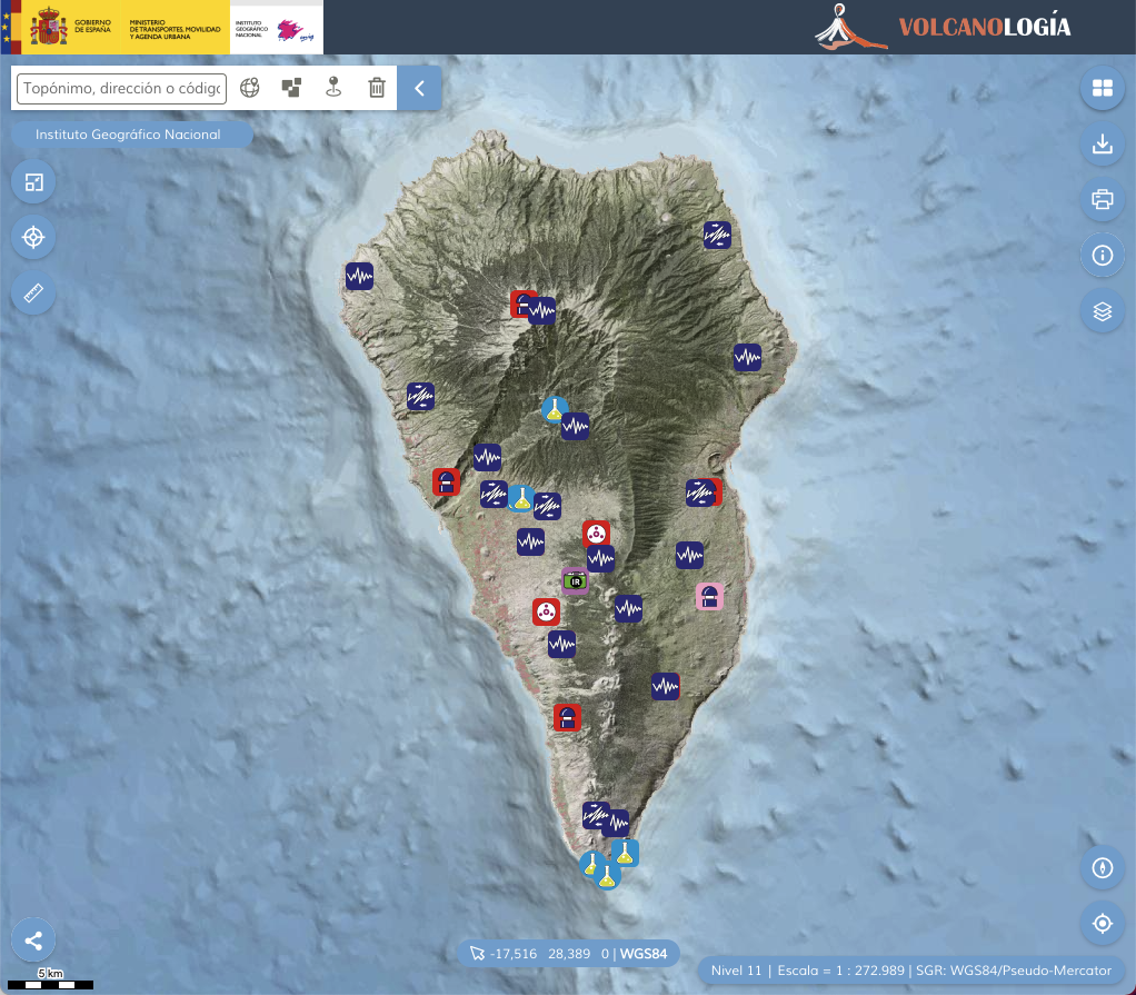 Locations of monitoring stations on the island of La Palma - including locations of the 11 current seismic stations operating. The map shown is available on the IGN data portal at: http://www.ign.es/resources/volcanologia/estaciones_red/estaciones.html