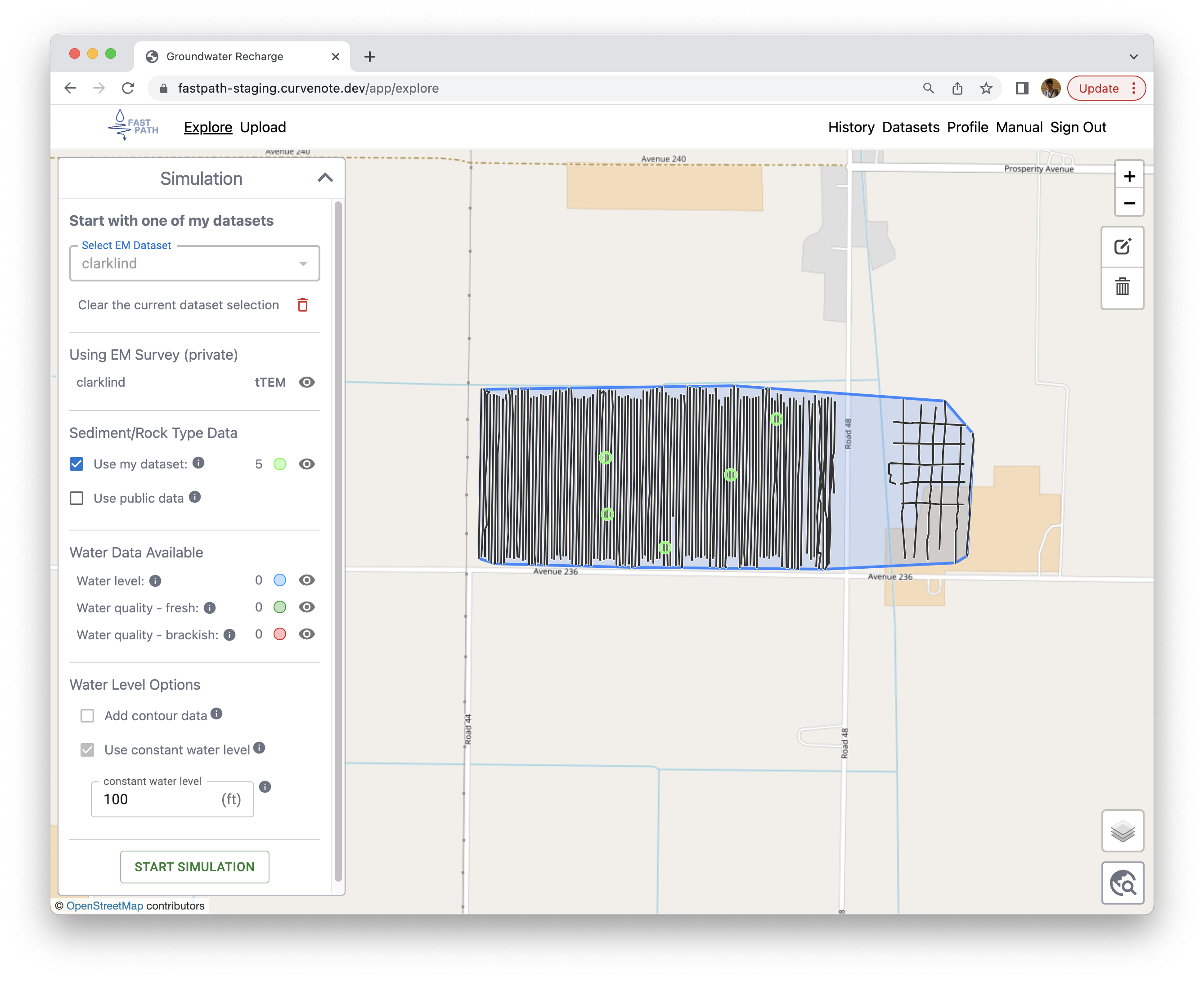 An example GIS layer displaying your own data. Black lines indicate the drive lines of the towed time-domain electromagnetic (tTEM) data. Green circles indicate locations of sediment/rock type wells.