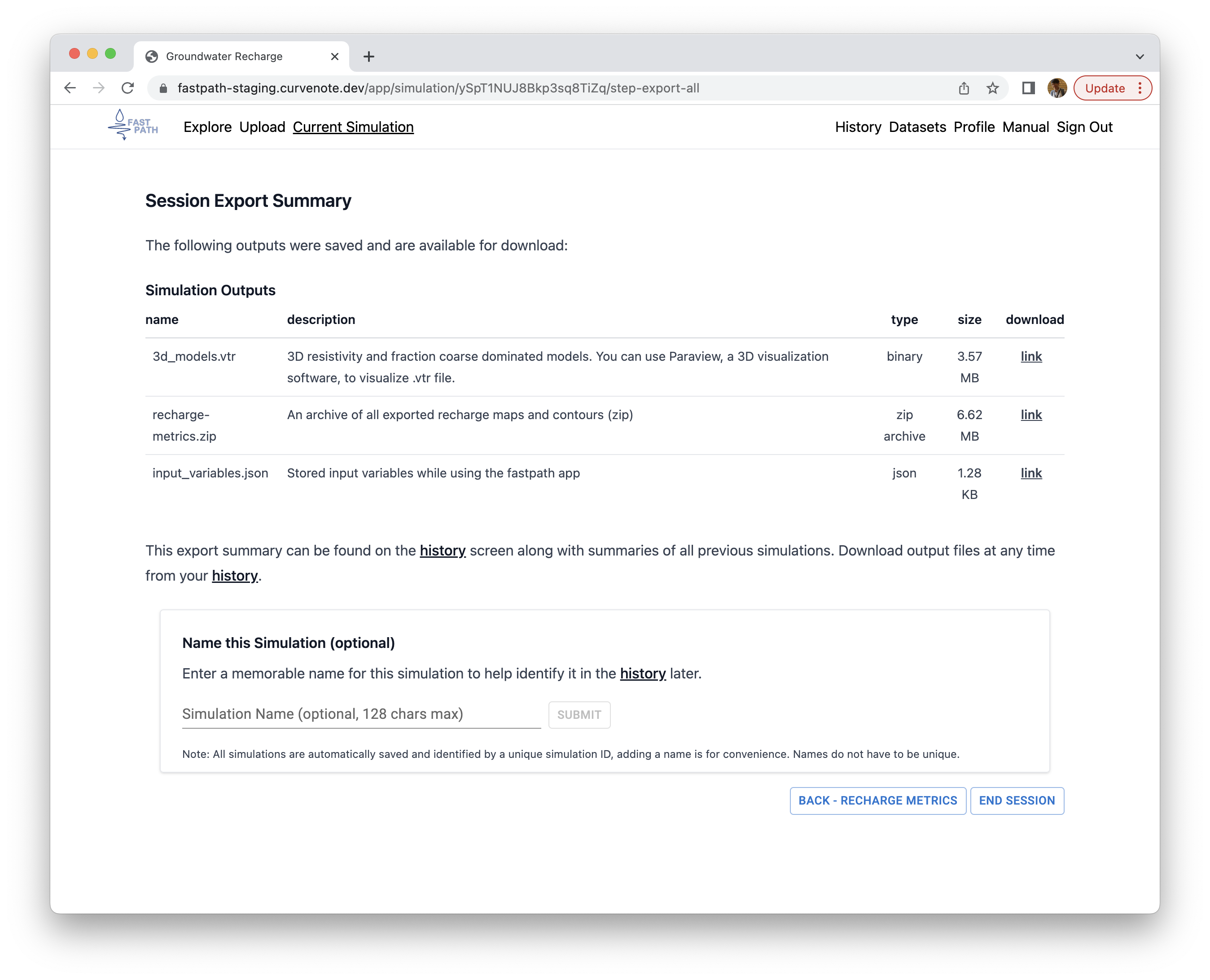 Session export summary page.