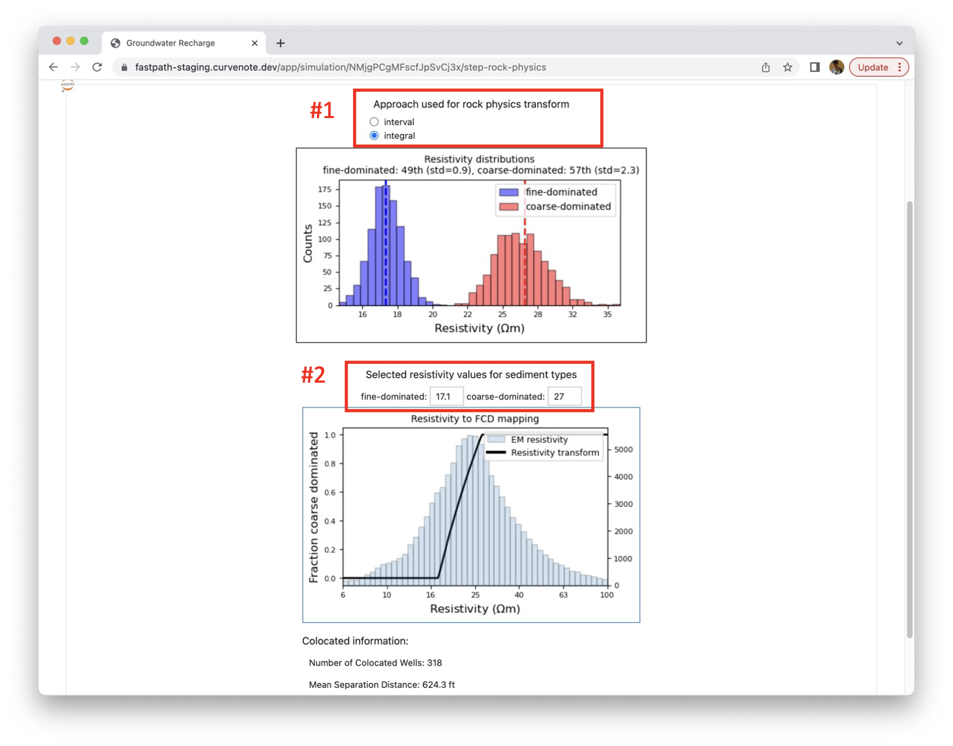 Results of rock physics transform. Top panel: resistivity distributions for two sediment types: find-dominated (blue) and coarse-dominated (red).