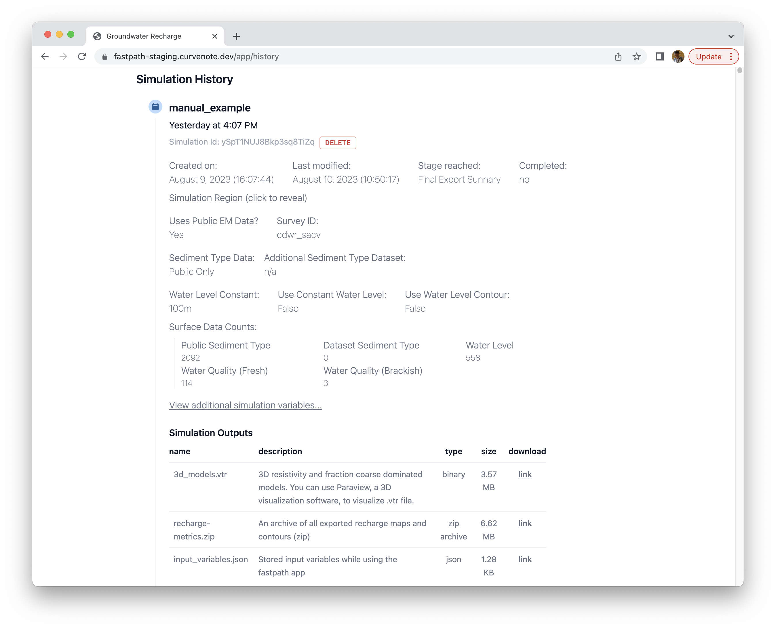 History tab displaying stored simulation results.