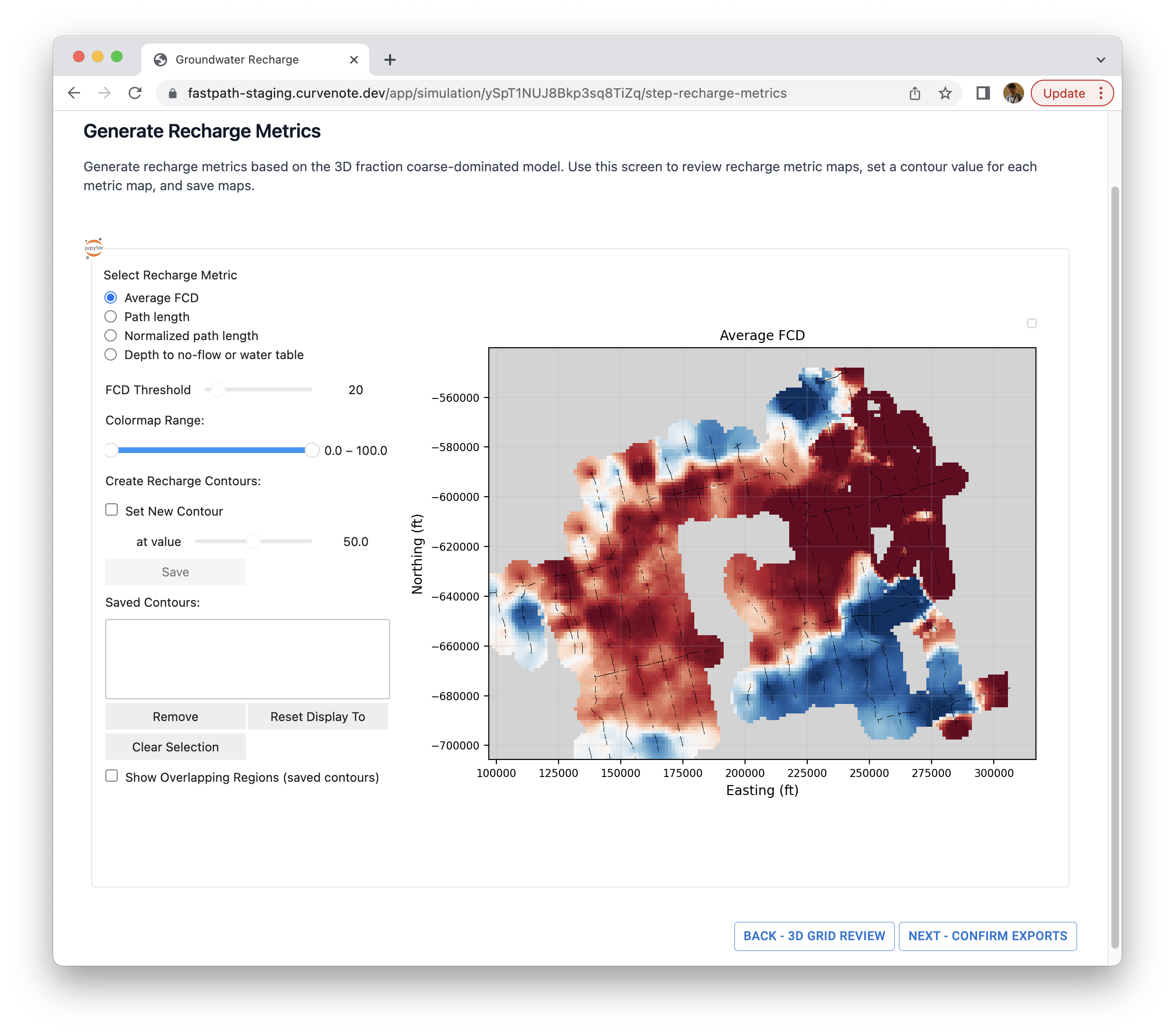 Generate recharge metric maps. 2D map of average fraction coarse dominated (FCD) is displayed.