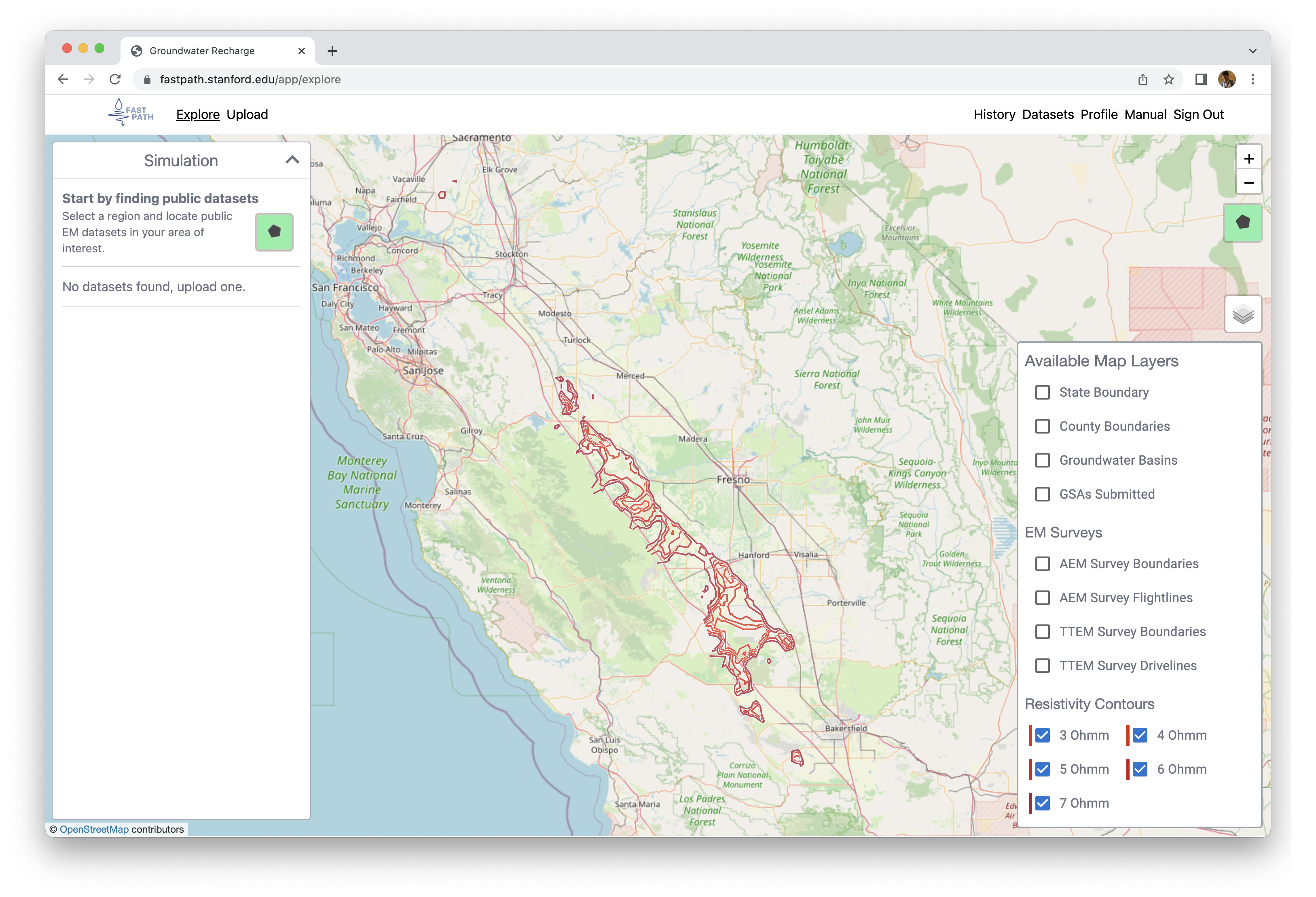 An example snap shot from the fastpath app visualizing the low resistivity contours ranging from 3 to 7 \Omegam.