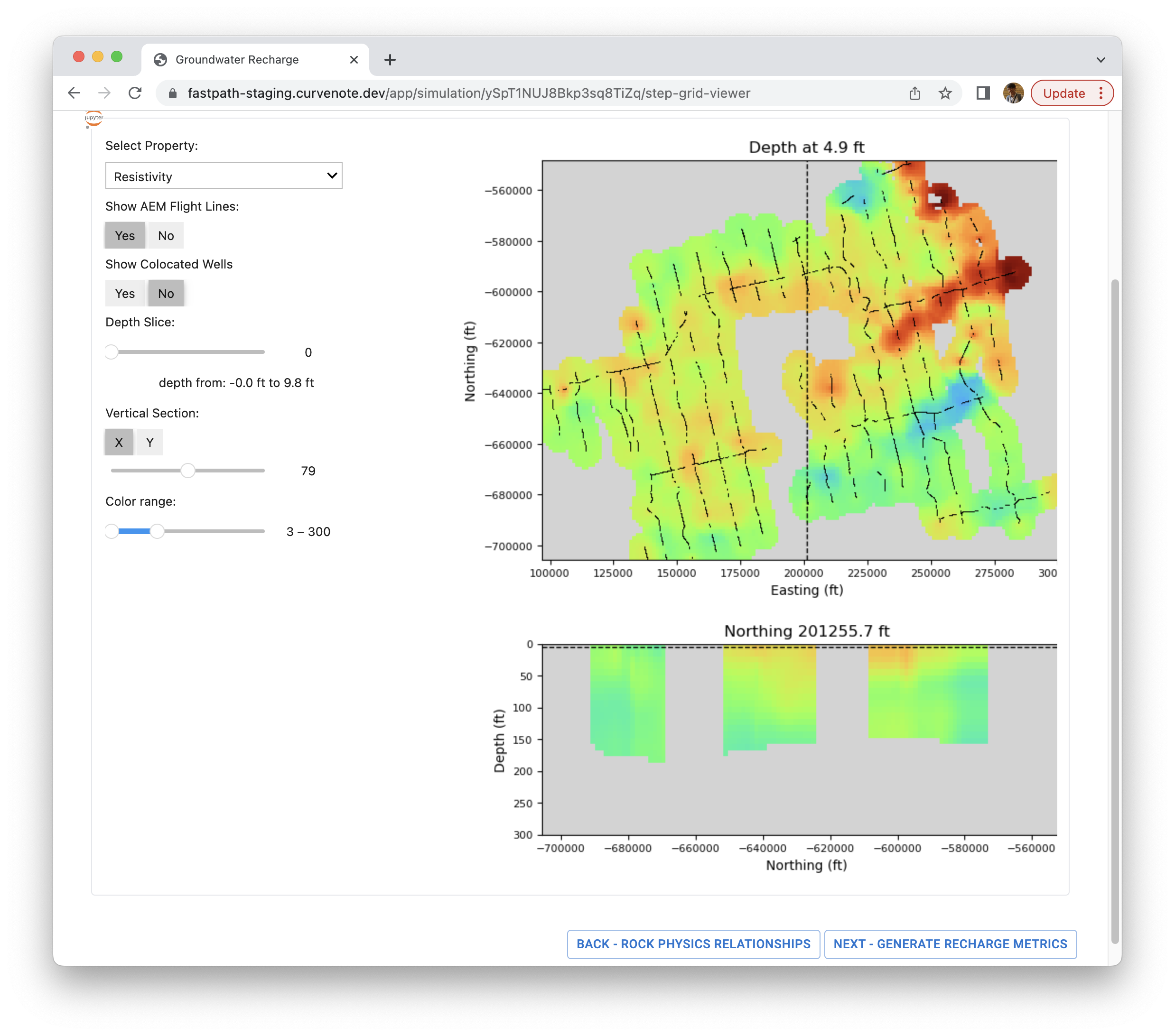 Review 3D grids. Horizontal plane view and vertical section of a 3D resistivity model are visualized in our fastpath app.