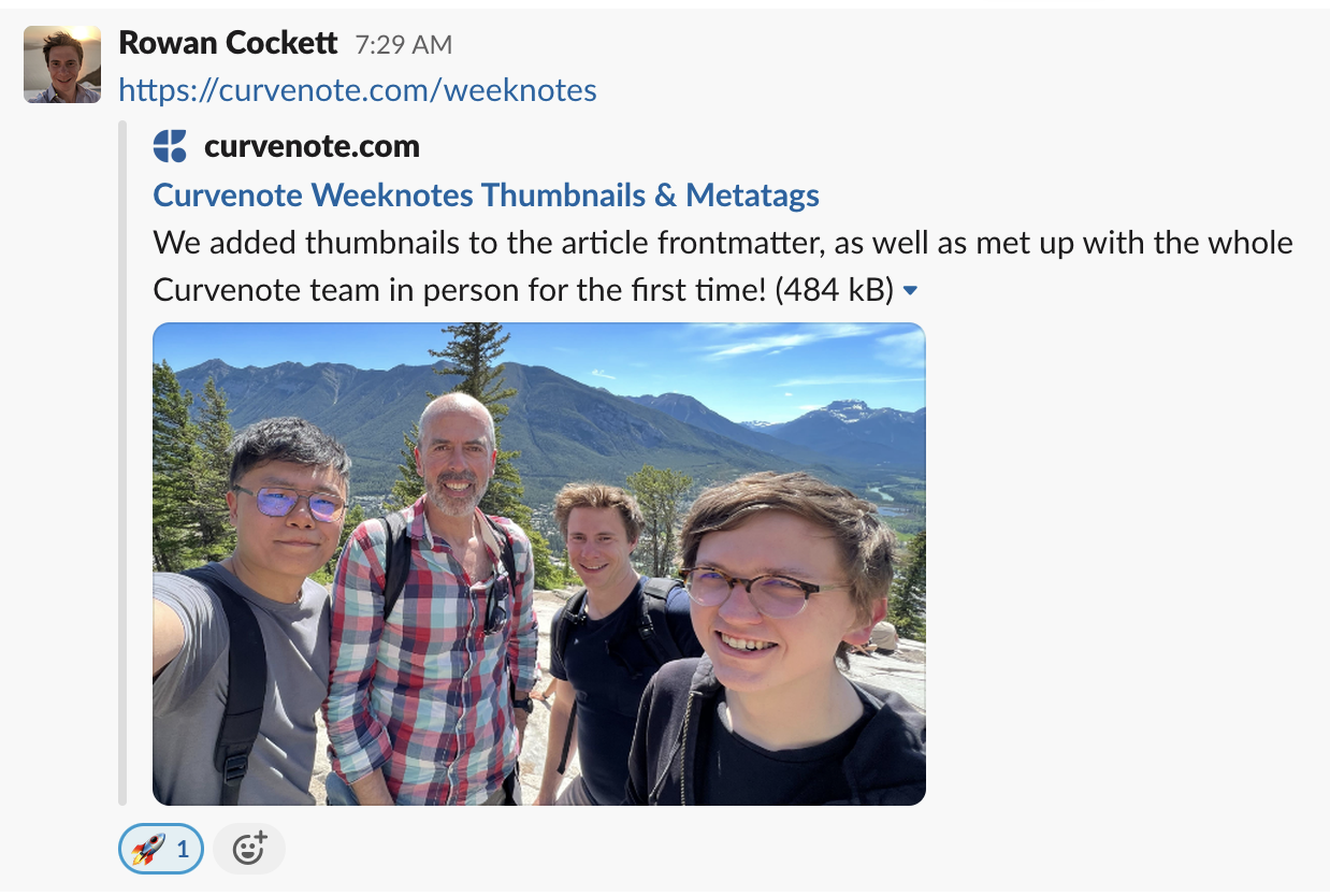 Thumbnail and meta information from a link to our weeknotes, shared in Slack.