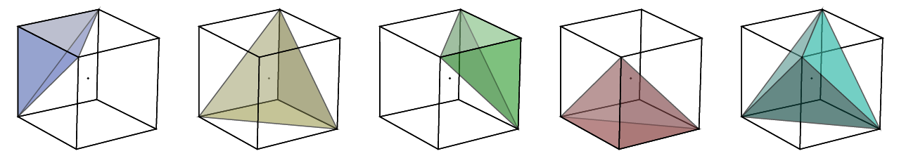 Volume calculation using five tetrahedra.
