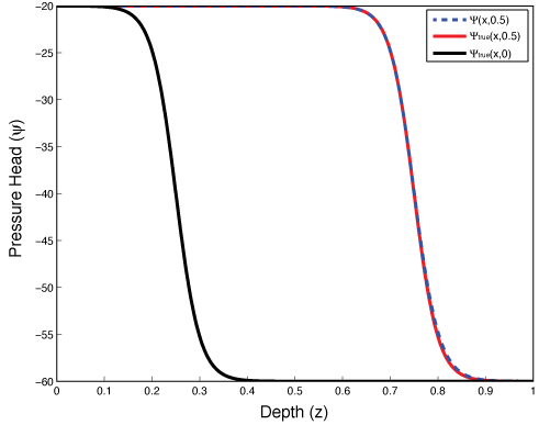 Fictitious source test in 1D showing the analytic function \Psi_{\text{true}} at times 0.0 and 0.5 and the numerical solution \Psi(x,0.5) using the mixed-form Newton iteration.